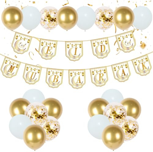 Decoration Aid Moubarak, Eid Mubarak Decoration Banderole, Aid Mubarak Ballons Blanc et Or, Guirlande Ballons Eid Mubarak pour Decorations Ramadan 2026, Fête l'Aïd Musulmanes islamique, Jardin Maison