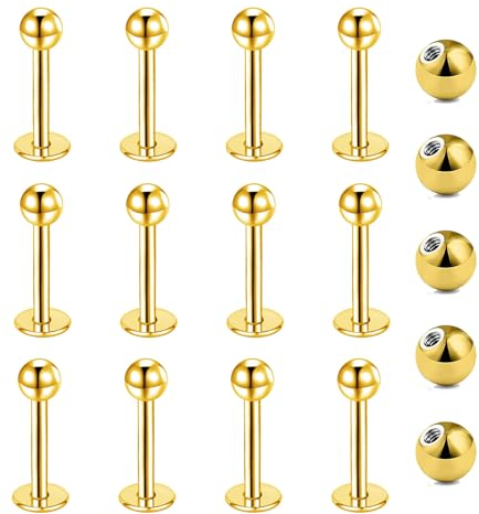 Gojewen 12er Lippenpiercing Stecker 1,2mm Chirurgenstahl Piercing Lippe Labret Helix Tragus Stud Gold 8mm