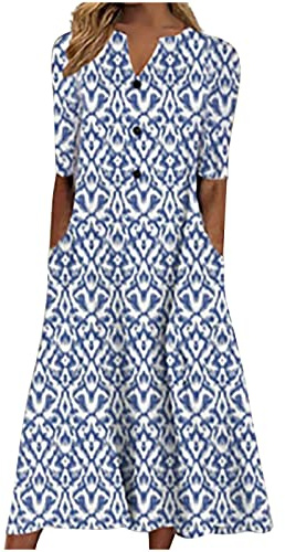 Women's Summer Casual Midi Dress Button V Neck Half Sleeve Long Flowy A Line Dresses Loose Maxi Beach Dresses with Pockets Floral Boho T-Shirts Dress Trendy Elegant Swing Hawaiian Sundress Sky Blue