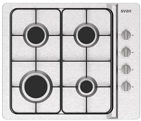 Svan Encimera de Gas Inox SG4600X. Potencia máx. 7500 kW, 4 Quemadores, con Ignición Automática, Parrillas Esmaltadas, Incluye Kit de Conversión Gas Natural