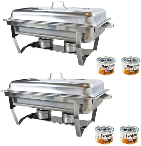 Set di 2 piatti per chafing in acciaio inox con 4 paste combustibili da 200 g, per mantenere caldi e raffreddare gli alimenti, Rechaud, Chafing Dishes, per catering, buffet, feste, uso professionale