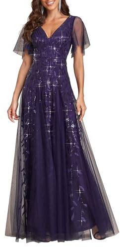 Ever-Pretty Vestiti da Cerimonia Linea ad A Scollo a V per Cerimonia Sera Damigella Lungo con Paillettes Donna Viola Scuro 44