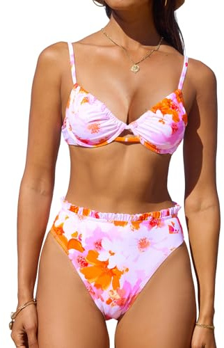 CUPSHE Bikini set för kvinnor, bygel, dragsko, hög midja, volang, badmode, tvådelad baddräkt, baddräkt, Vit/orange, XL