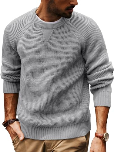 PJ PAUL JONES Suéteres de punto con cuello redondo para hombre, textura gofre, manga larga, gris, XL