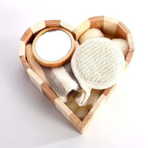 Set Cadeau Spa / Bain 5 Pièces - Coffret en Bois en Forme de Cœur avec Gants en Lin, Gant de Crin en Chanvre, Ours en Serviette et Miroir Rond - Cadeaux Relaxation et Bien Être