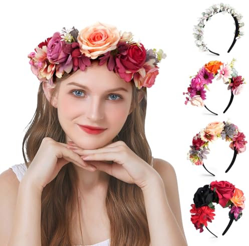 LOPHE Künstliches Blumen Haarreifen, Haarreif Dirndl Blumen Rosen Haarband, Blumenkranz Haare Oktoberfest für Damen, Hochzeit, Strand, Urlaub, Party, Strand(B)