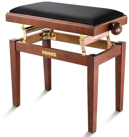 Donner Adjustable Piano Bench, Solid Wood Piano Stool Keyboard Chair with High-Density Sponges Cushion，Wooden Piano Seat with Metal Lifting Devices, Brown-Matt