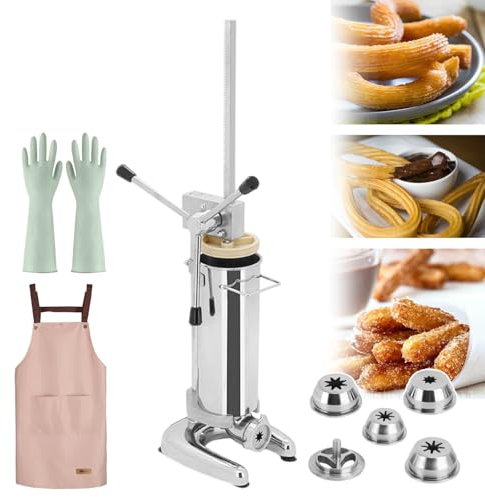 GLJTUO Macchina per Churros Manuale, Riempitrice per Ciambelle in Acciaio Inossidabile, con 5 Stampi, 1 Grembiule E 4 Paia di Guanti, Grande capacità E Dimensioni Compatte,2L