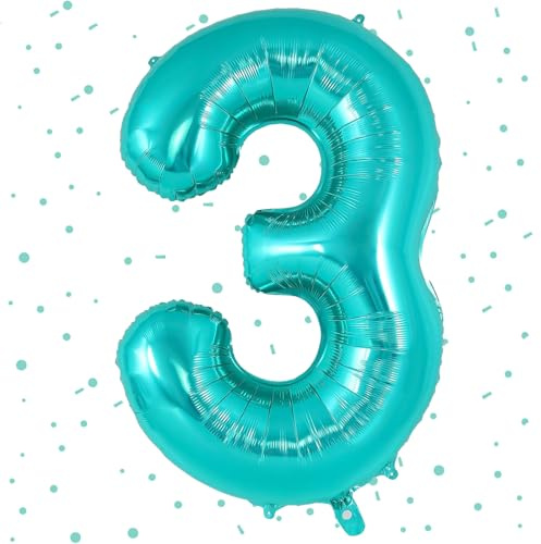 UDRKFOPK Palloncino con numeri blu verde, palloncini con numeri da 3, 40 pollici, in pellicola, 3,101 cm, con numeri a 3 elio, 3 compleanno, per 3 anni, decorazione di compleanno per bambini e ragazze