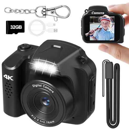 Mini Keychain Camera 4K 64MP Vintage Digital Camera,Pocket Retro Nostalgia Video Camera with LED Light and 32G Micro SD Card, Suitable for Teenagers, Adults, Kids, and Photography Beginners Black