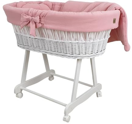 Wiklinopol Stubenwagen aus Weide mit Gestell & Matratze Amelia – Moseskorb in Weiß – Set Musselin-Bettwäsche in Rosa – Weidenkorb, Tragbar, Ideal für Neugeborene