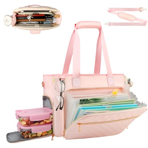 ahzske Lunch Work Tote Bag for Women with Accordion File Organizer Pocket, 3 in 1 Daily Tote Bag with Insulated Lunch Compartment& 15.6 Inch Laptop Compartment for Business Teacher Nurse (Pink)