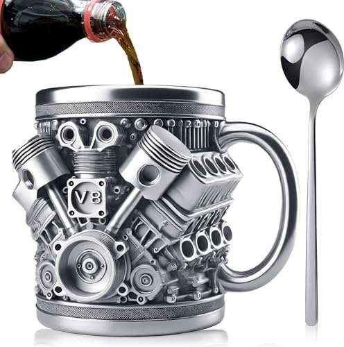 Taza HA BIN de 300 ml con motores 3D V8 de acero inoxidable, taza de café de acero inoxidable con forma de motores de coche, tazas de té con forma de motor de coche, para el hogar, estudio, viaje