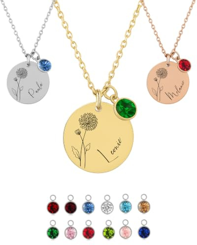 XELLENZ Personalisierte Kette mit Namen, Geburtsstein & Geburtsblume | Halskette Damen mit Gravur aus wasserfestem & farbbeständigem Edelstahl - Geschenke für Frauen in Gold, Silber & Roségold