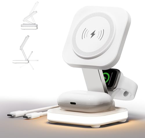 5 in 1 Wireless Charging Station for Apple, Foldable for MagSafe Charger with Night Light for iPhone 17/Air/16/15/14/13/12,Apple Watch,AirPods Pro 4 3 2, Travel Magnetic Fast Wireless Charging Station