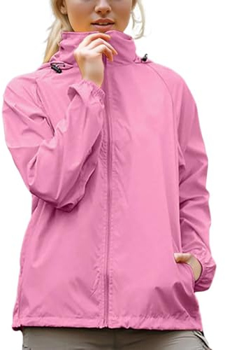 Chaquetas de correr para mujer, impermeables, de secado rápido, con capucha, cuello alto, cremallera completa, manga larga, para entrenamiento, ciclismo, gimnasio, deportes, con bolsillo lateral, rosa