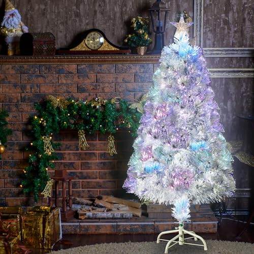 Bonnlo 120 cm Künstlicher Weihnachtsbaum mit 120 Zweigen und Optischer Faserbeleuchtung, PVC Kunstbaum mit Eisenständer für Büro, Zuhause, Geschäft, Party und Feiertagsdekoration, Weiß