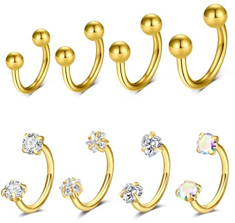 Funseedrr hästsko septum piercing 8-delar set ringar, 16G/18G 6/8/10/12 mm rostfritt stål med zirkon silver för tragus näsa bröstvårta örhänge septum nasal öron snäcka och läppkroppspiercingar smycken