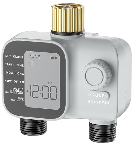 [2026 All-New] Water Timer 2 Zones, Unistyle Hose Timer 2 Outlets for Sprinkler Irrigation, Brass Inlet, Easy to Set up, Precise Control, Auto/Manual/Delay Modes for Garden Watering