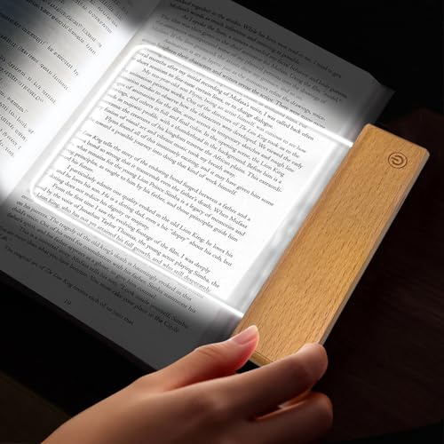 Maxspace Leselampe Buch, 3 Lichtfarben Dimmbares LED Buchlampe mit Holzsockel und Kratzfest Hartglas-Panel,Wiederaufladbare Buch Leselampe für Nachtlesungen im Bett (Holz)