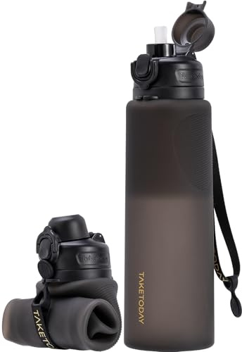 TakeToday Faltbare Trinkflasche 1000ml, Zusammenklappbare Trinkflasche, BPA-frei, aus Silikon, auslaufsicher – ideal zum Wandern, für internationale Reisen & Outdoor-Aktivitäten, Schwarz