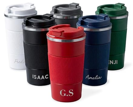 Personalised Insulated Travel Mug with Name, 400ml Stainless Steel Coffee Cup with Lid, Double Wall Thermal Tumbler for Hot & Cold Drinks, Reusable Travel Coffee Mug Gift for Work, Teacher (Grey)