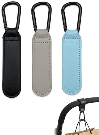 TISCH Crochets Poussette Universels en Cuir, Lot de 3 (Noir, Gris, Bleu Ciel) – Accroche Sac à Langer & Cabas pour Mains Libres et Organisation Bébé