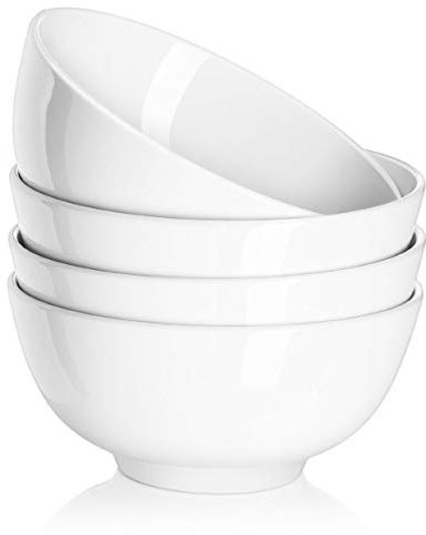 DOWAN Cuencos de Cereales 600 ml, Juego de 4 Cuencos de Porcelana para Servir Desayuno, Postre, Cereales, Helado, Cocina, Ensalada, Rama y Frutas, Color Blanco