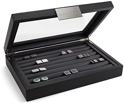 Glenor Co Manschettenknopf-Box für Herren, für 70 Manschettenknöpfe, luxuriöses Schmucketui, Kohlefaser-Design, Metall-Schnallenhalter, große Glasplatte, Schwarz