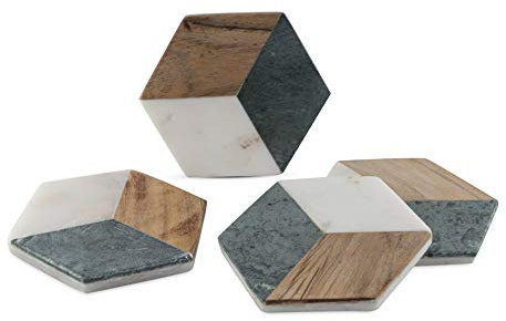 GoCraft Sechseckige geometrische Untersetzer | Handgefertigte mit Grün für Ihre Getränke, Getränke & Wein-/Bargläser Grüner Marmor Holz Inlay auf weißem Marmorsockel (4er-Set)