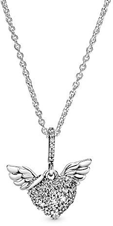 Pandora Moments Women's Sterling Silver Pavé Heart and Angel Wings Cubic Zirconia Pendant Necklace, 45cm, No Box