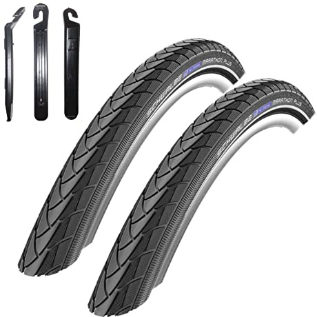 2 x Schwalbe Marathon Plus Unplattbar Fahrradreifen in Schwarz mit Reflex 37-590 (26 x 1 3/8) inkl. 3 Reifenheber
