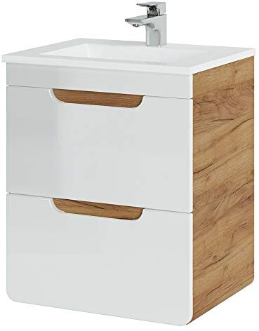 Lomadox Waschtisch Set 52 cm Unterschrank mit Keramikbecken Hochglanz weiß mit Wotan Eiche Nb., 2 Softclose-Schubkästen