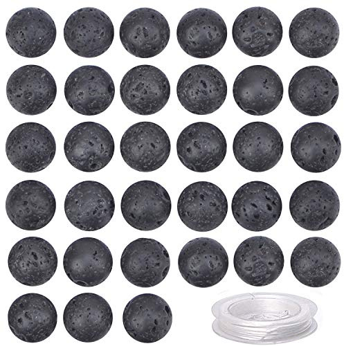 80Pcs Natural Crystal Beads Stone Gemstone Round Loose Energy Healing Beads with Free Crystal Stretch Cord for Jewelry Making (Black Lava, 10mm)