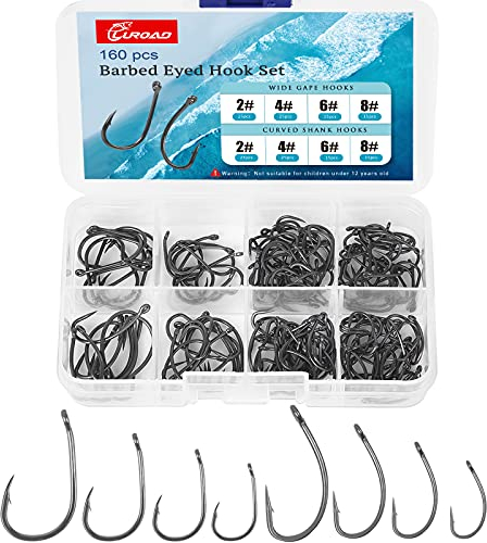 Luroad Karpfen Angelhaken Set, 160 Stück Gebogenem Schaft/Wide Gape Karpfenhaken, Teflon Angelzubehör mit Kunststoff Box-Haken Größe2,4,6,8,10
