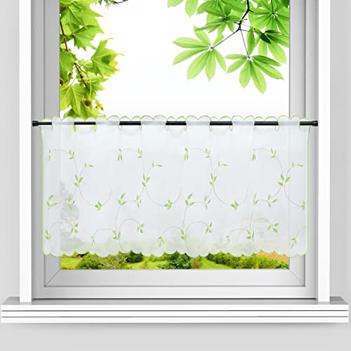 HeichkelL Voile Scheibengardine Blätter Stickerei Bistrogardine Landhausstil Kurzstores für Küche Bestickter Kurzvorhang Stangenlöcher Grün HxB 60x120 cm