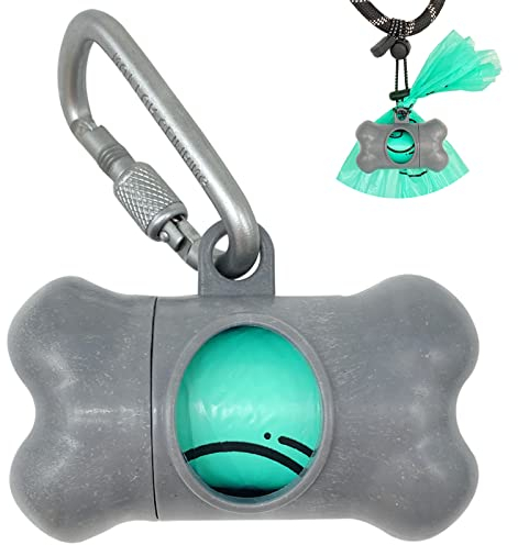 Dog Poop Pickup Bags Holder Dispenser with Standard-Sized Leak-Proof Scented Doggy Waste Bags and Carabiner with Safety Lock&Fastener Never Loose on Leash Lead Again (1 Holder 15 Bags, Grey)