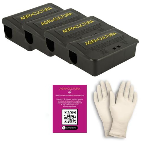 AGRI-CULTURA® | Contenitore Esca per Topi Piccoli con Chiave | Trappola per Topi | Set con 4 box Contenitori per Esche, Guanti e Guida con Consigli Utili | Conforme HACCP.