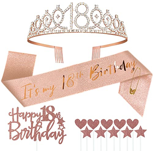 Jonvell 18.Geburtstag Schärpe und Tiara für Mädchen,Roségold Geburtstag Schärpe und Krone 18. Geburtstag Mädchen Geschenke für 18. Geburtstagsparty Deko