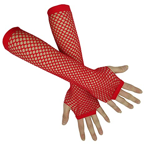 Fischnetz-Handschuh für Damen, Mädchen, Nylon, Fischnetz, Armstulpen für 80er-Jahre-Mottoparty oder Punk Rock & Nachtclub W-N-NG2, Netzhandschuhe, Rot, 3 Paar, Einheitsgröße