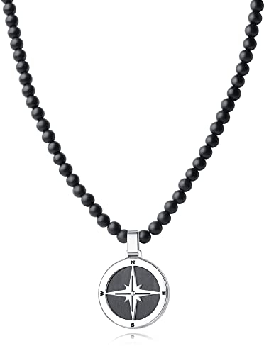 GAVU Herren Geschenk Kristall Perlen Halskette aus Mattem Onyx mit Kompass Anhänger 50cm