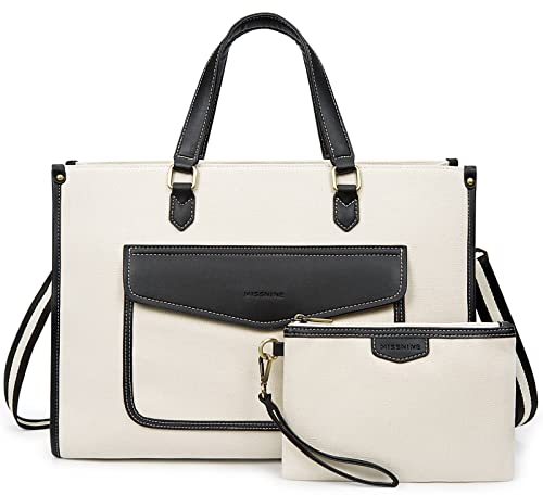 Missnine Laptoptasche 15,6 Zoll Handtasche Damen Business Arbeitstasche Shopper Groß mit Clutch Geldbörse 2er Set Lehrertasche Aktentasche Für Büro Uni Schwarz & Beige