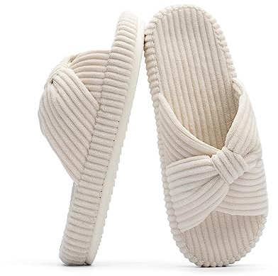 Chantomoo Slippers for Women Memory Foam House Bedroom Corduroy Bow Crossbands Slipper Shoes Comfy Trendy Gift Slippers Beige Size 5 6 5.5