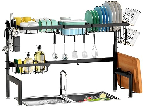 HOWDIA XILIDIA - Escurridor de Platos sobre el Fregadero, Estante Extensible de Acero Inoxidable de 2 Niveles con Soporte para Utensilios, escurridores de Platos para encimera de Cocina (Negro)