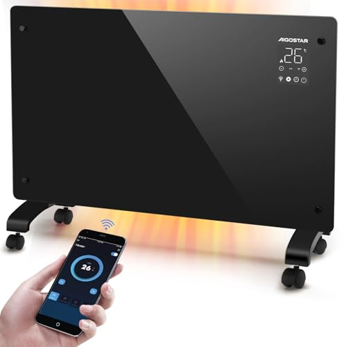 Aigostar Helen Smart - Convecteur électrique à panneau de verre ultra fin, 1000/2000W. Connexion Wi-Fi, Alexa, minuterie 24h, 3 modes, écran tactile LED. Programmable. Fixation murale ou sur pied.