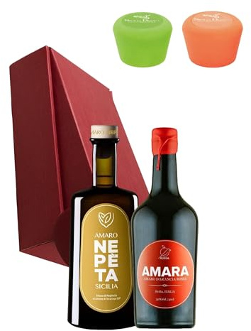 Sicilia Bedda - AMARO AMARA e NEPETA - ELEGANTE BOX DEGUSTAZIONE AMARI SICILIANI PREGIATI CL. 50 Con Tappi Silicone Sicilia Bedda - Idea Regalo
