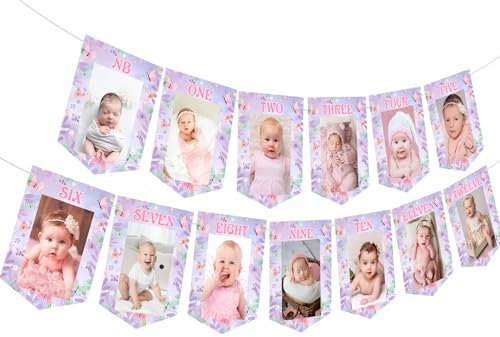 Rosa Lila Schmetterling 1. Geburtstag Foto Banner für Mädchen, Schmetterling Monatliche Foto Banner Girlande für Babys von Neugeborenen bis 12 Monaten Meilenstein Bild Display Party Dekorationen