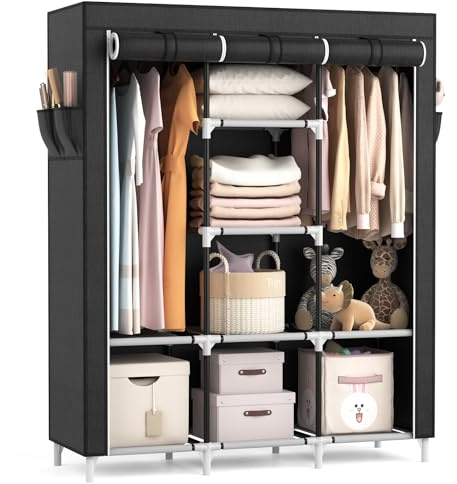 VTRIN Portable Closet, Large Capacity Portable Wardrobe with 2 Hanging Rods and 8 Storage Shelves, Sturdy Free Standing Closet Wardrobe for Hanging Clothes with Side Pockets, Black