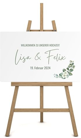 Willkommensschild Hochzeit auf Leinwand personalisiert (60x40cm) Eingang Deko für Taufe & Geburtstag mit Namen und Datum I Eukalyptus Türschild Willkommen