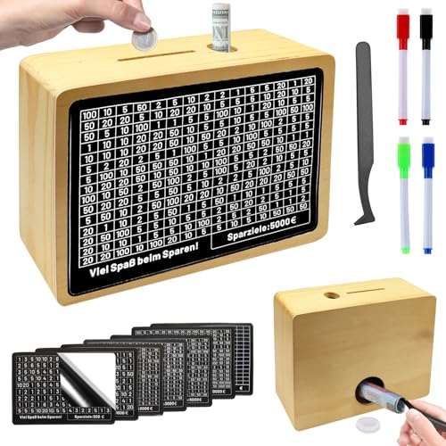 Hucha Ahorro con Conteo, Caja De Ahorros, Hucha De Madera con Objetivos De Ahorro, 500 € 1.000 € 2.000 € 3.000 € 5.000 € 10.000 €, para Ayudar a Adultos Y Niños a Desarrollar El Hábito del Ahorro
